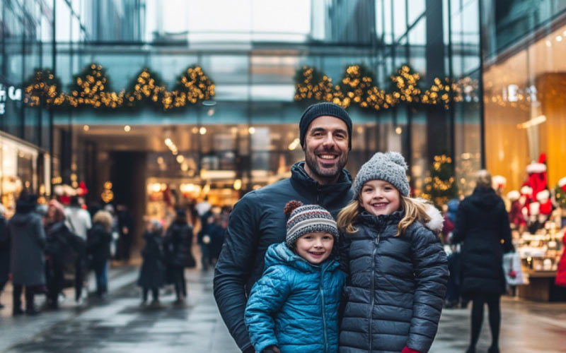 family taking photos out on the streets in front of John Lewis at Christmas, family tours, September 2024, UK