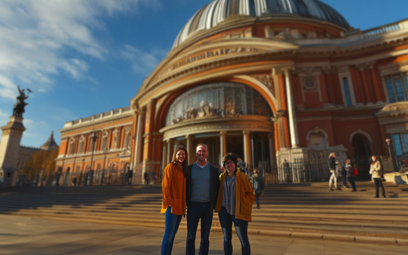 an adult family posing in front of Royal Albert Hall, family trip, September 2024, UK