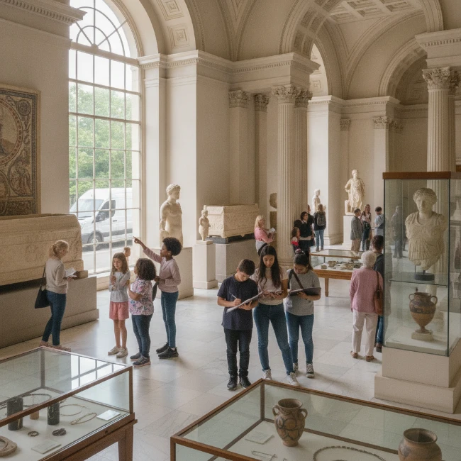 Coach Hire for Ashmolean Museum, Oxford – Group Travel 1 Visitors exploring a gallery filled with ancient sculptures and artworks inside the Ashmolean Museum.