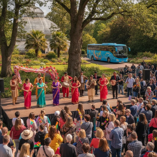 Coach Hire Belfast Mela, Botanic Gardens, Belfast – Group 1 A lively scene from the Belfast Mela festival, with performers in traditional dress on stage and a diverse crowd watching.