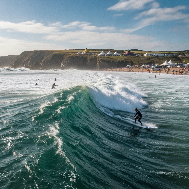 Boardmasters Festival Coach Hire: Newquay & Fistral Beach 1 Professional surfers riding large waves at Fistral Beach, Newquay, during a competition, with the Boardmasters Festival infrastructure and spectators visible along the sandy shore.