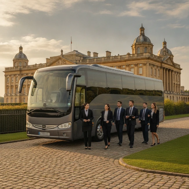 Coach Hire for Blenheim Palace, Oxfordshire – Group 1 A modern coach parked at Blenheim Palace, with a group of visitors stepping out and admiring the historic estate.