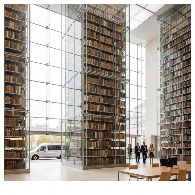 Coach Hire for British Library, London — Group Transport 1 The towering King's Library inside the British Library, filled with historic books and bathed in natural light.