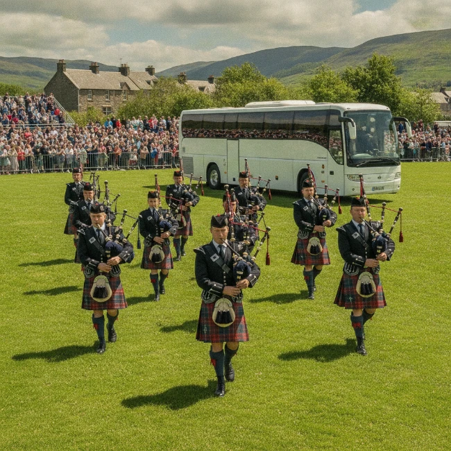 Coach Hire for Cowal Highland Gathering, Dunoon, Argyll, 1 Pipers in traditional Scottish kilts marching at the Cowal Highland Gathering, surrounded by a lively crowd.