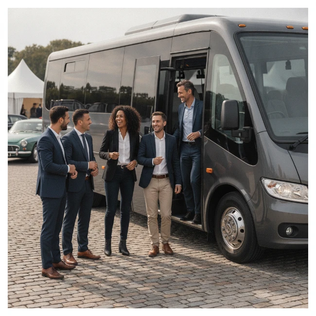 Goodwood Festival of Speed Coach Hire, West Sussex – Group 1 Group of friends and colleagues disembarking a modern minibus at an event entrance.