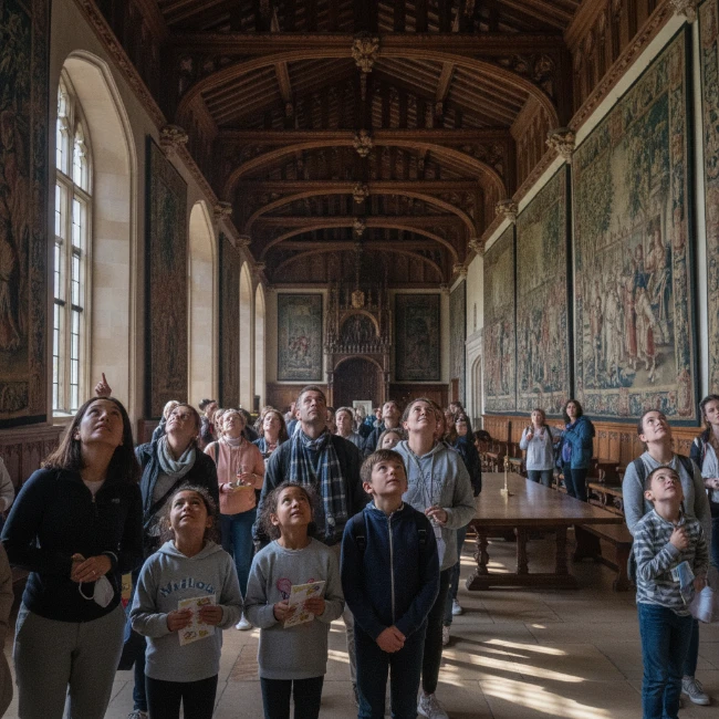Coach Hire for Hampton Court Palace, London/Surrey – Group 1 A diverse group of visitors exploring the historic Tudor Kitchens inside Hampton Court Palace, with period details visible.