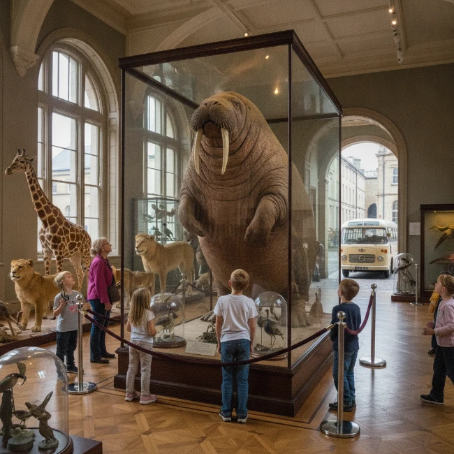 Coach Hire for Horniman Museum and Gardens, London — Group 1 The famous overstuffed walrus exhibit, a prominent feature in the Horniman Museum's Natural History Gallery, with museum visitors observing.