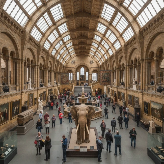 Coach Hire for Kelvingrove Art Gallery & Museum, Glasgow – 1 The grand central hall of Kelvingrove Art Gallery and Museum, showcasing its high ceilings and diverse exhibits with visitors.