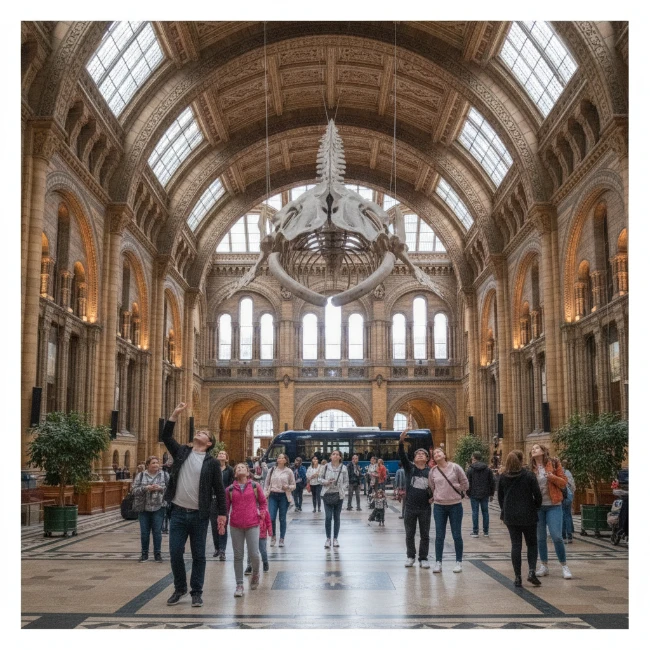 Coach Hire for Natural History Museum, London – Group 1 The vast Hintze Hall inside the Natural History Museum, featuring the impressive blue whale skeleton suspended from the ceiling, surrounded by museum visitors.
