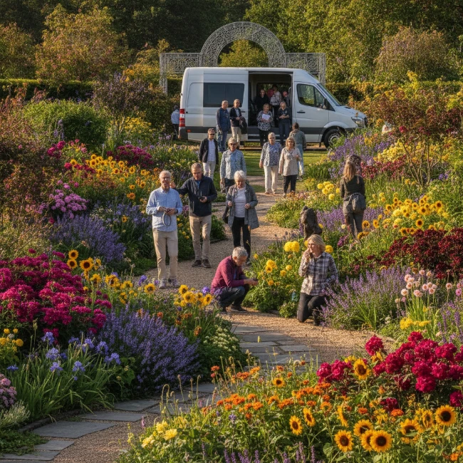 Coach Hire for RHS Hampton Court Palace Garden Festival, 1 Visitors exploring a beautifully designed show garden filled with colourful flowers and lush greenery at the RHS Hampton Court Palace Garden Festival.
