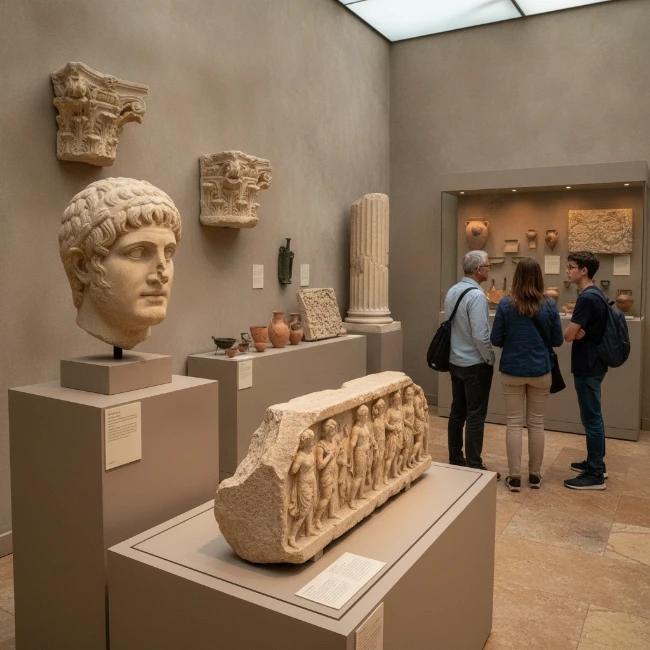 Coach Hire for Roman Baths & Pump Room, Bath – Group Travel 1 Ancient Roman artefacts and architectural details displayed within the museum section of the Roman Baths.