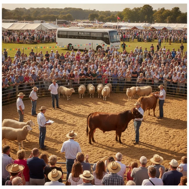 Coach Hire for Royal Welsh Show, Builth Wells, Powys — 1 Livestock being judged in an arena at the Royal Welsh Show, with a large crowd of spectators.