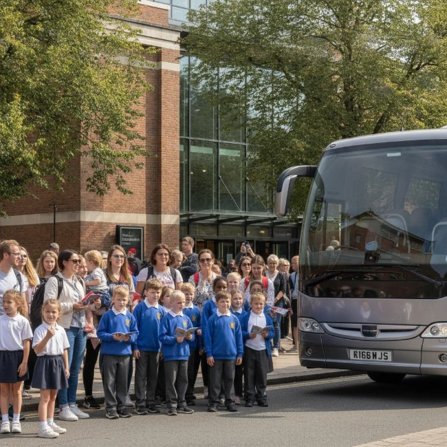 A group of school children and families arriving by coach at the Royal Shakespeare Theatre in Stratford-upon-Avon.
