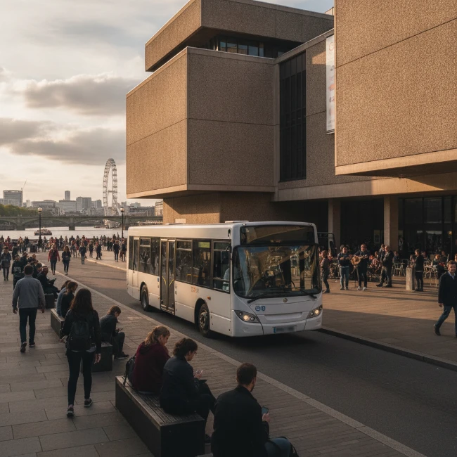 Coach Hire for Southbank Centre, London – Group Travel 1 The iconic Royal Festival Hall building at Southbank Centre, with people walking along the South Bank promenade on a sunny day.