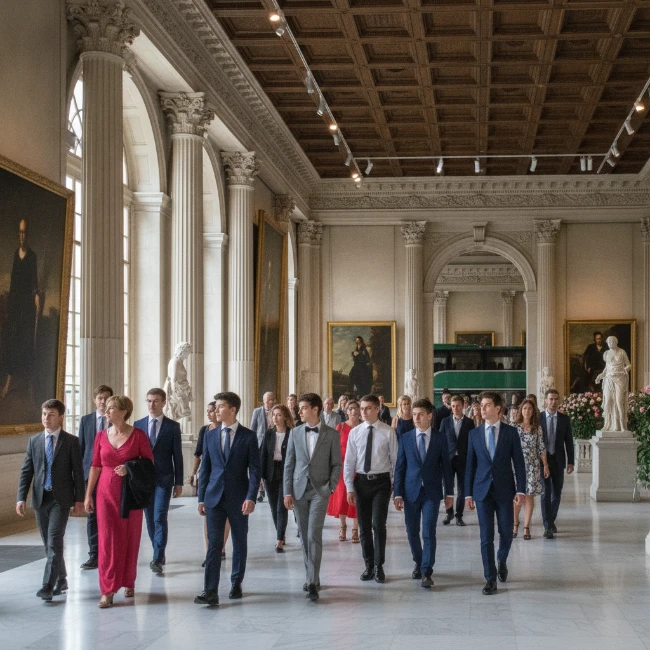 Coach Hire for Tate Britain, London — Group Travel Solutions 1 Visitors exploring a grand art gallery, admiring classic British paintings.