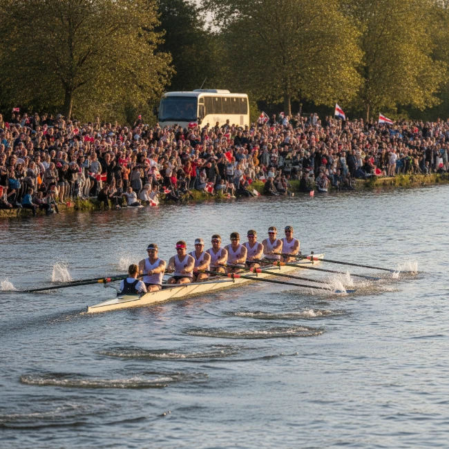 Coach Hire for The Boat Race, London – Group Travel 1 A rowing crew in a sleek boat, mid-stroke on the River Thames, with a vibrant crowd of spectators visible on the riverbanks.