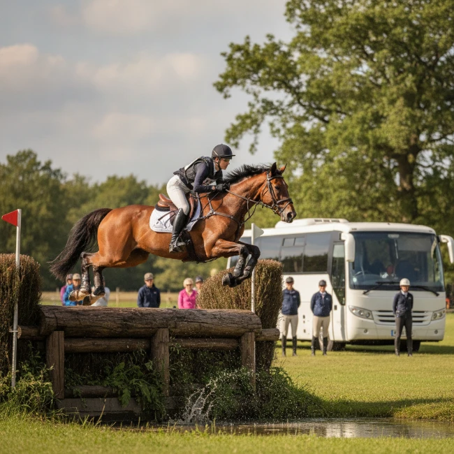 A horse and rider clearing a challenging cross-country jump during the Badminton Horse Trials.