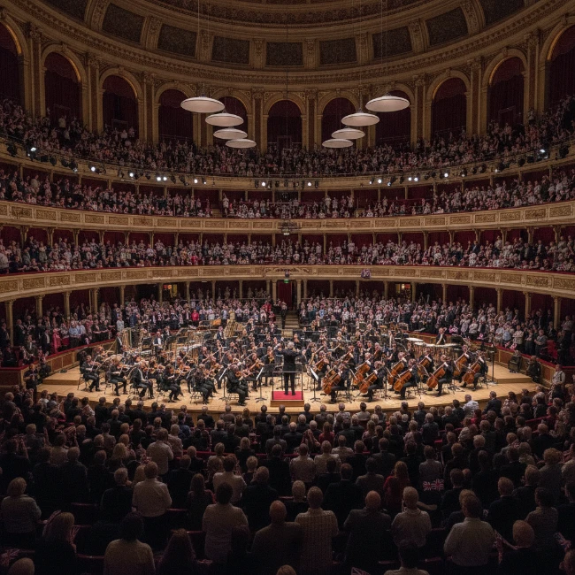 A lively BBC Proms concert in full swing at the Royal Albert Hall, with a packed audience enjoying the performance.