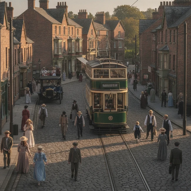 Coach Hire for Beamish Museum, County Durham — Group 1 An Edwardian street scene at Beamish, The Living Museum of the North, with a vintage tram and period buildings.