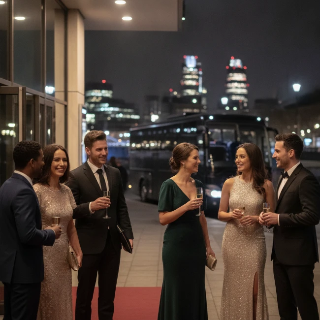 Attendees dressed smartly, socialising outside a London cinema during a film festival event.