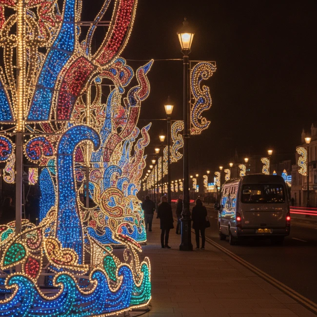 Detailed view of a colourful and artistic light installation at the Blackpool Illuminations.