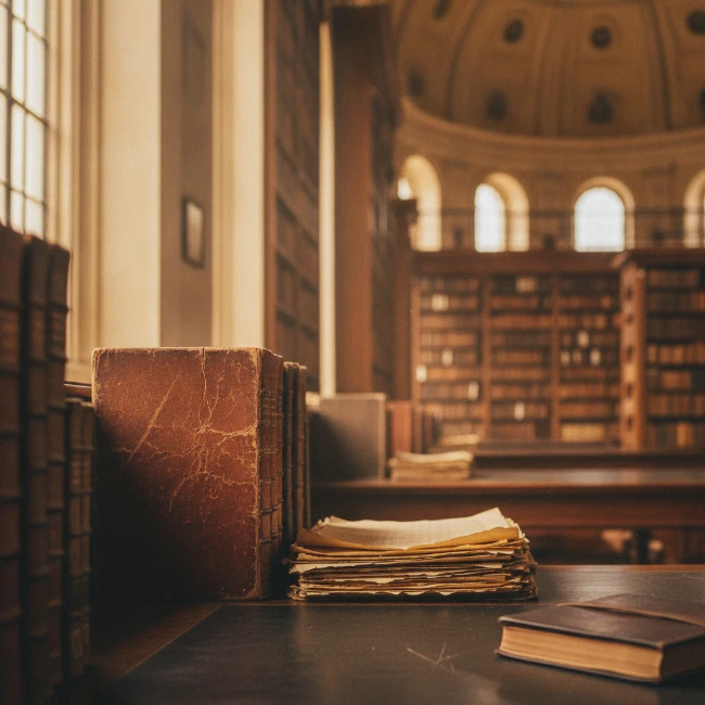 Interior of a historic reading room at the Bodleian Libraries, Oxford, with bookshelves filled with old books.