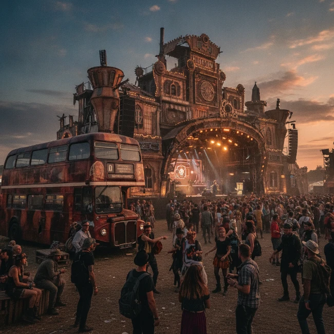 Intricately designed stage and themed area at Boomtown Fair festival.