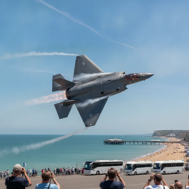 A jet fighter performs a thrilling manoeuvre over the sea at the Bournemouth Air Festival.