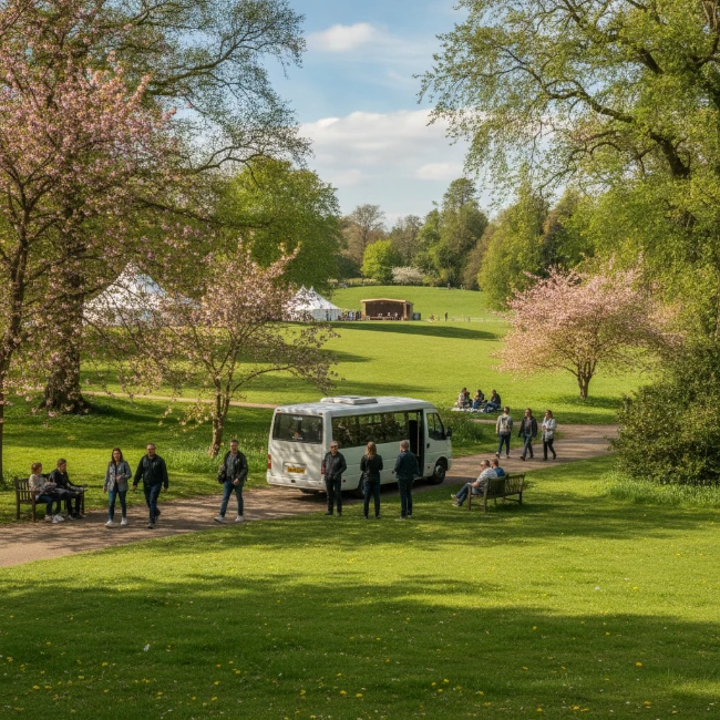 Cherry Hinton Hall gardens, the venue for Cambridge Folk Festival, with attendees enjoying the grounds.