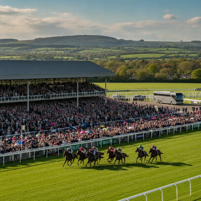Panoramic view of Cheltenham Racecourse with racing action and spectators.