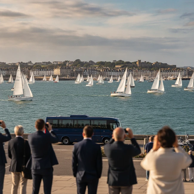 Sailing yachts racing on the Solent during Cowes Week, with the historic Cowes waterfront visible in the background.