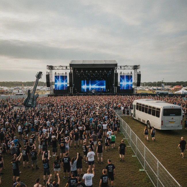 The main stage at Download Festival with a large crowd of music fans.