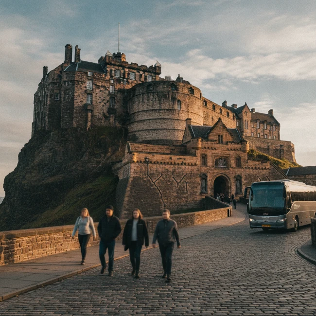 The historic, imposing stone walls and towers of Edinburgh Castle, under a clear sky, with a few distant visitors.