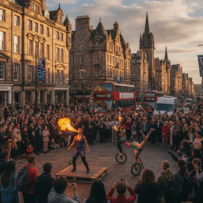 A lively street performance at the Edinburgh Festival Fringe with crowds enjoying the show.