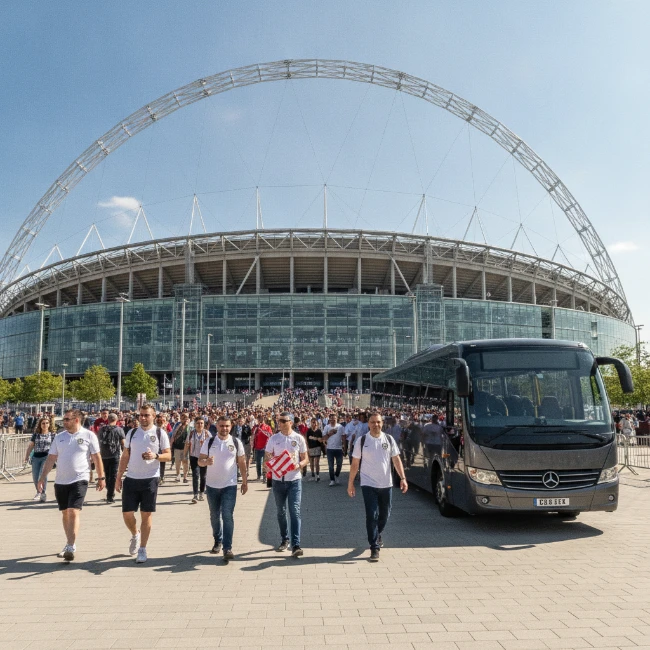 Wembley Stadium exterior with fans approaching