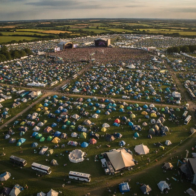 An expansive aerial view of Glastonbury Festival, showcasing the vast tented city and distant Pyramid Stage at Worthy Farm.