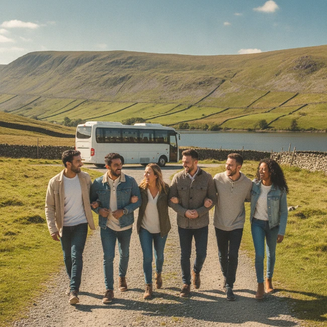 Kendal Calling Coach Hire, Cumbria – Group Travel & 1 A group of friends enjoying a walk through the Cumbrian countryside, with a MyBus4U minibus parked in the distance, ready for their Kendal Calling trip.