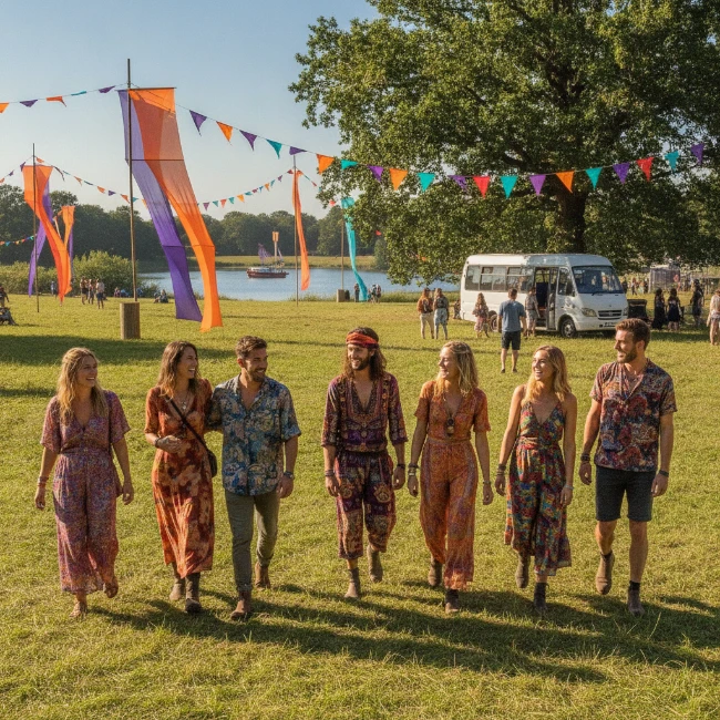 Coach Hire for Latitude Festival, Henham Park, Suffolk – 1 A group of friends enjoying the vibrant atmosphere of Latitude Festival, walking through a field adorned with colourful flags and art installations, with a lake in the background.