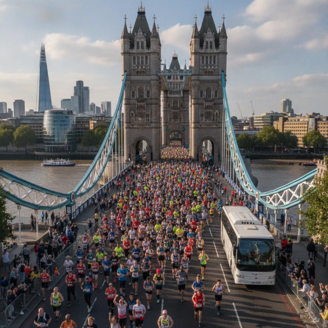 Runners crossing Tower Bridge during the London Marathon with spectators cheering