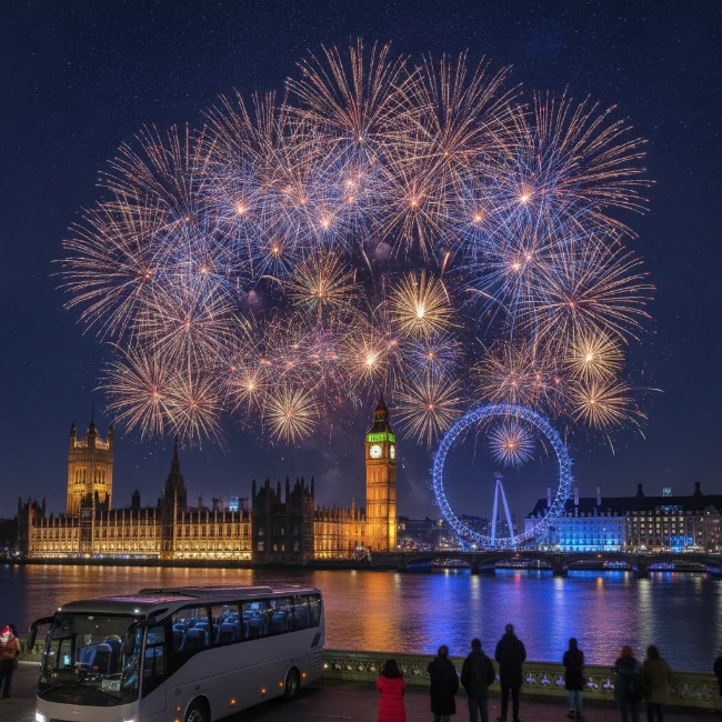 Iconic London landmarks illuminated by fireworks during the New Year's Eve celebration.