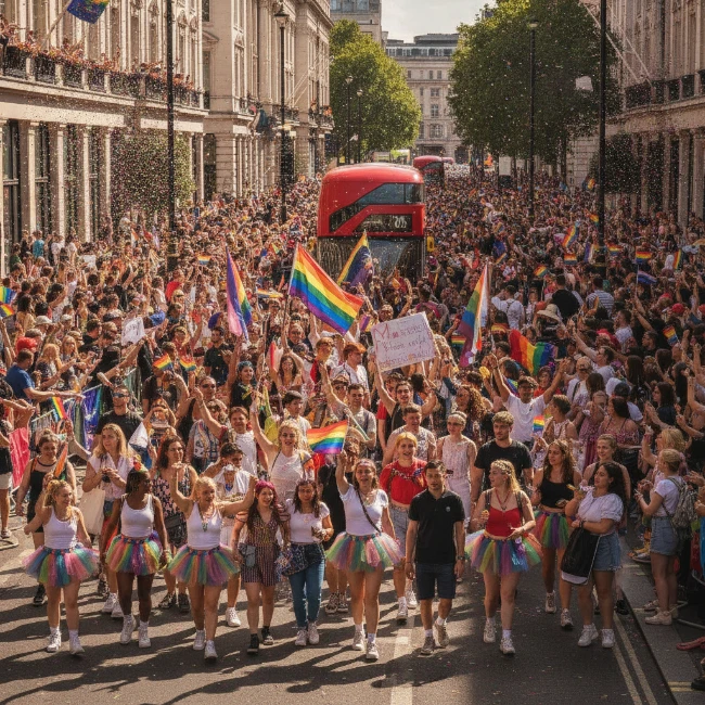 Diverse participants marching in the London Pride Parade with colourful banners.