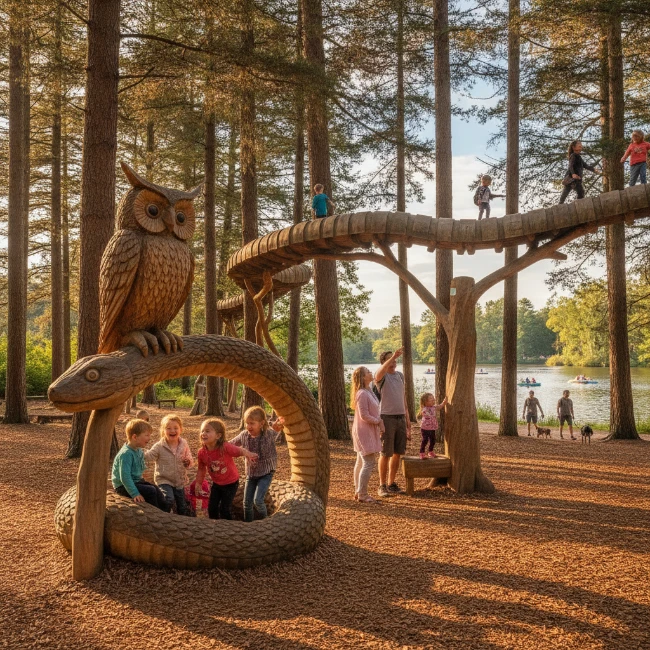 Coach Hire for Moors Valley Country Park, Dorset — Group 1 Children playing on a large wooden adventure sculpture within the forest at Moors Valley Country Park.
