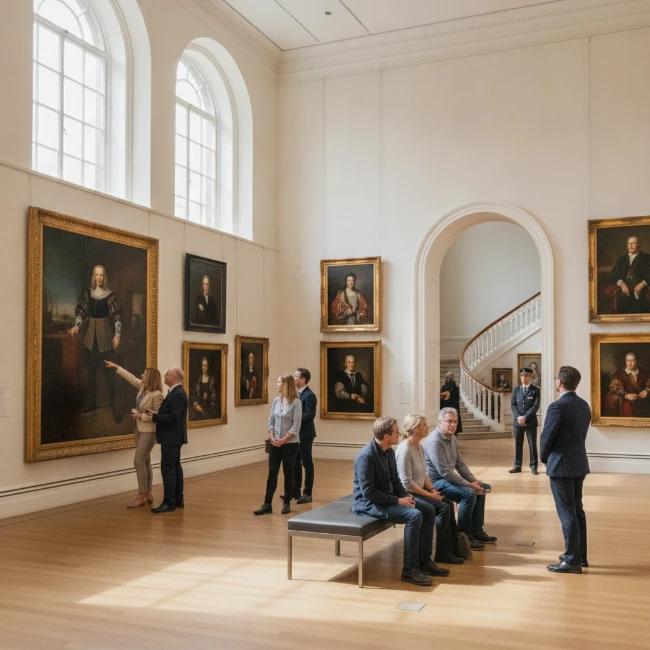 Visitors admiring a collection of historical portraits inside the National Portrait Gallery.