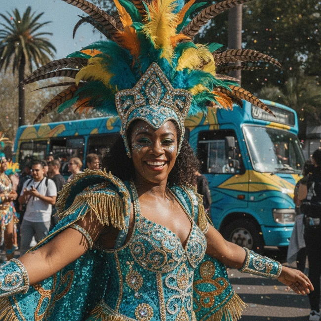 Dancer in vibrant costume celebrating at Notting Hill Carnival.