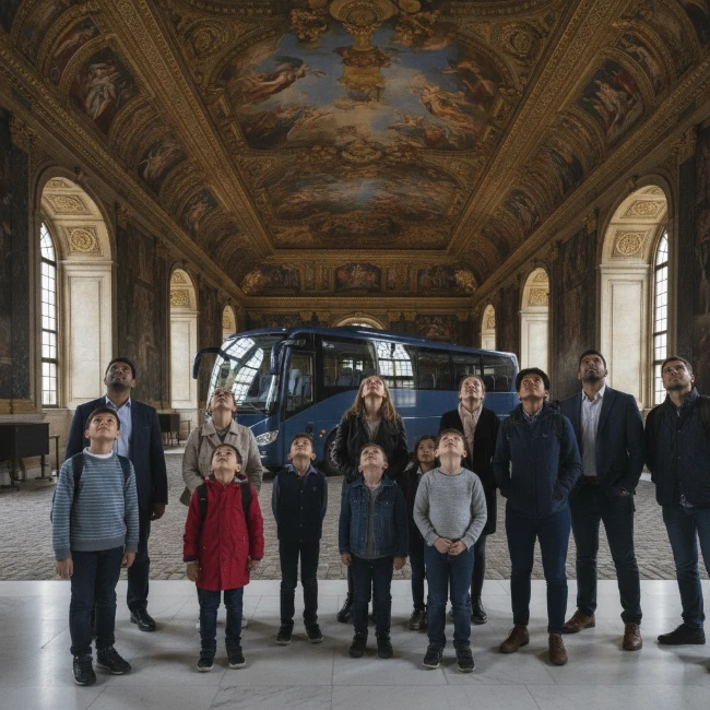 Coach Hire for Old Royal Naval College, London – Group 1 Visitors admiring the stunning Baroque ceiling of the Painted Hall at the Old Royal Naval College.
