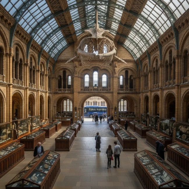 Interior of the Oxford University Museum of Natural History showcasing the central court and whale skeleton.