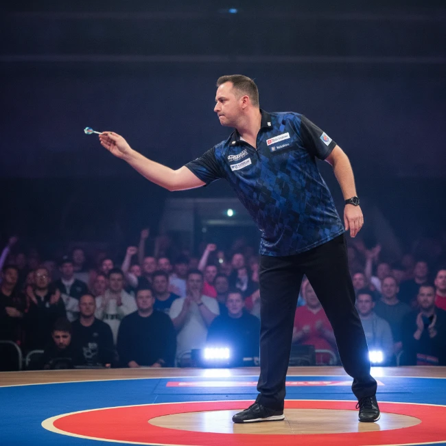 Darts player in action on stage at Alexandra Palace during a championship match.