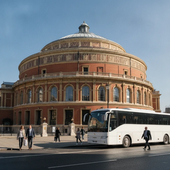 The magnificent exterior of the Royal Albert Hall with its distinctive red brick and intricate Victorian architecture under a bright sky.