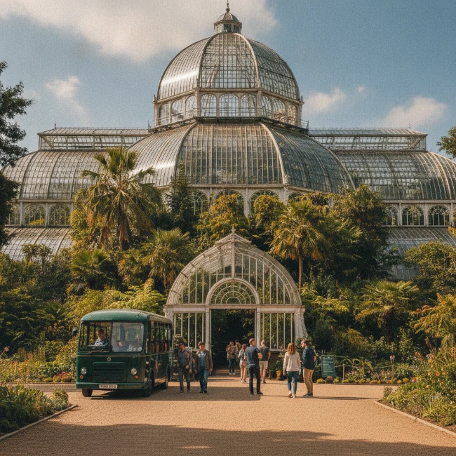 Interior view of the ornate Temperate House at Kew Gardens, filled with exotic plants and bathed in natural light.