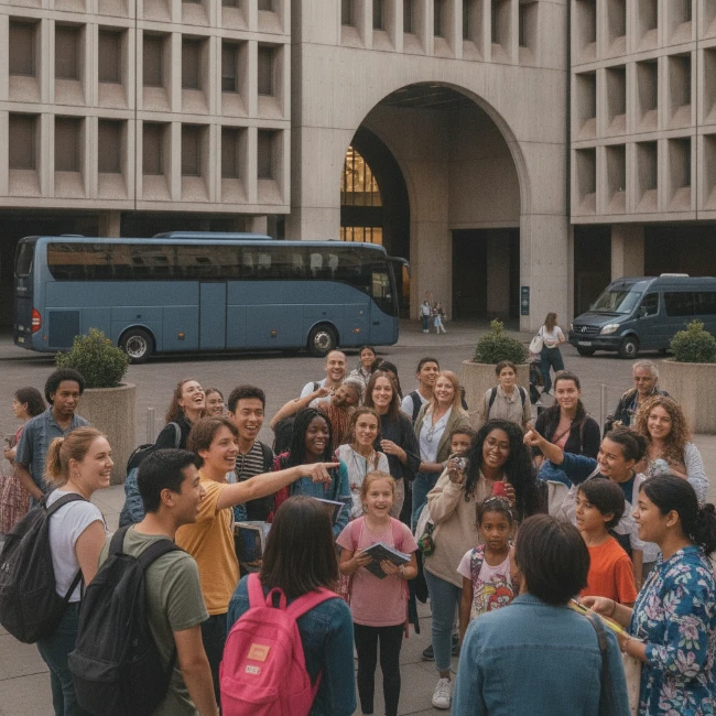 A group of theatre-goers, including students and families, gathering excitedly near the entrance of a large London theatre, with a coach in the background.